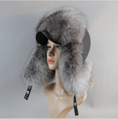 100% Real Fox Fur Hat Women's Russian Ushanka Aviator Trapper Snow Skiing Hat Caps Earflap Winter Raccoon Fur Bomber Hat