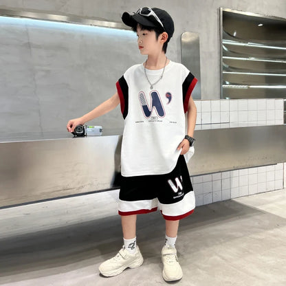 Children Summer Clothing Top and Bottom Set For Boys Cotton Clothes Suit Outfit Suit Kids Sleeveless T-shirt Shorts Tracksuit