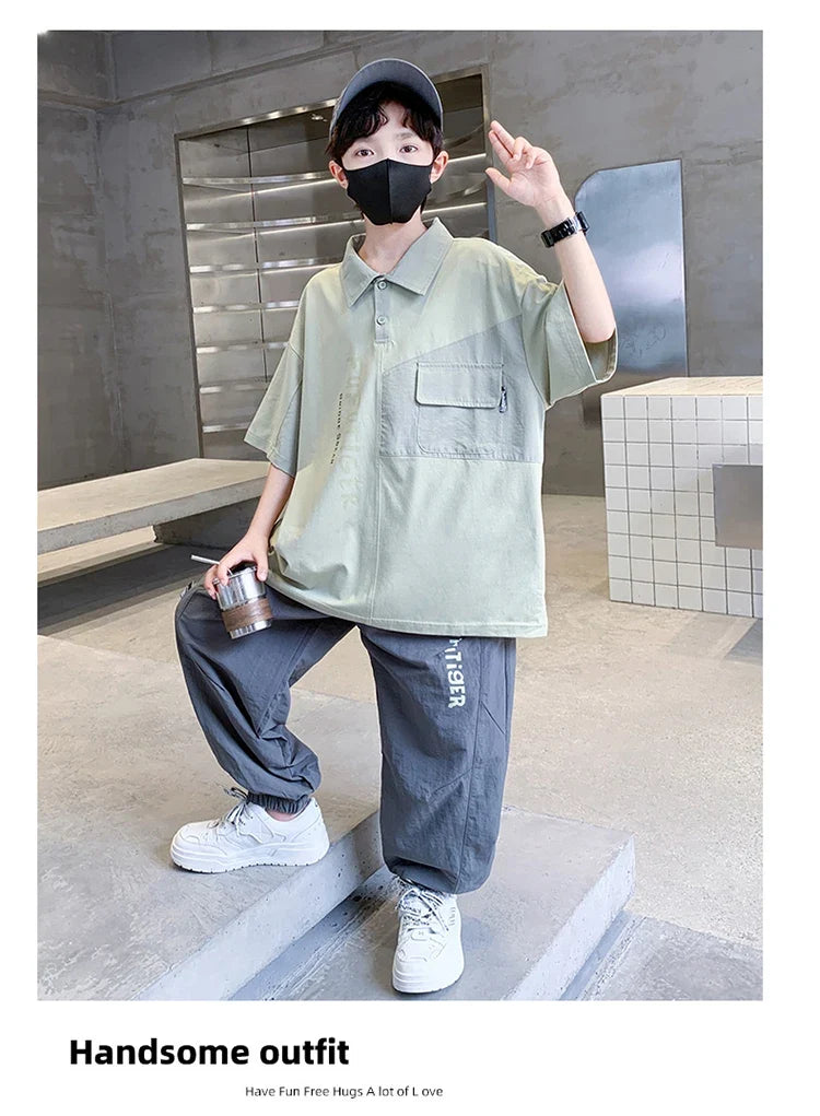 School Boys Fashion Summer Top And Bottom Clothes Set Polo Shirt + Pants 2 Pieces Clothing Suit Kids Children Casual Tracksuit