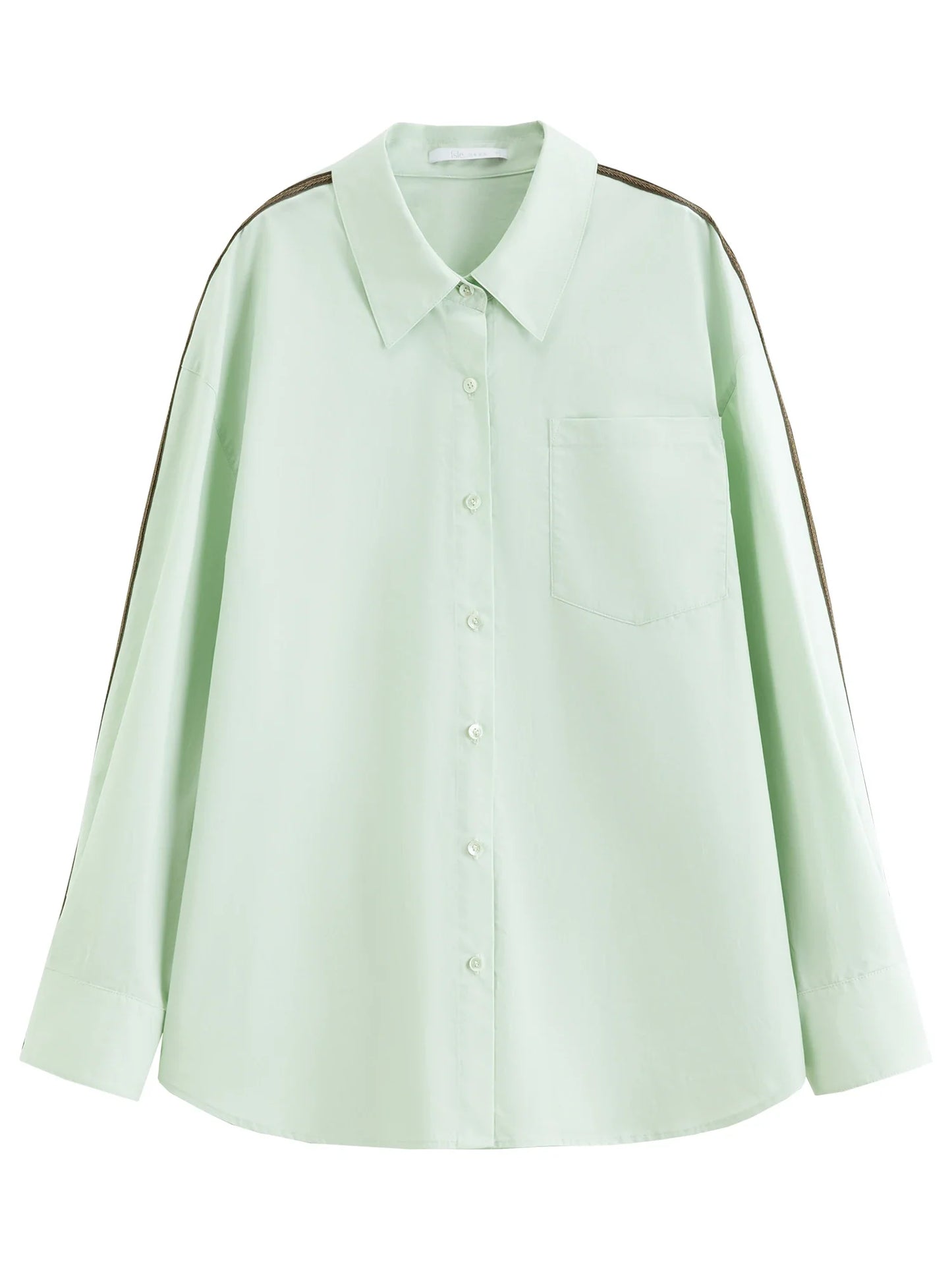 Women's French Loose Fit Cotton Shirt Long Sleeve Layering Top with Web Strap Detail Casual Oversized Blouse