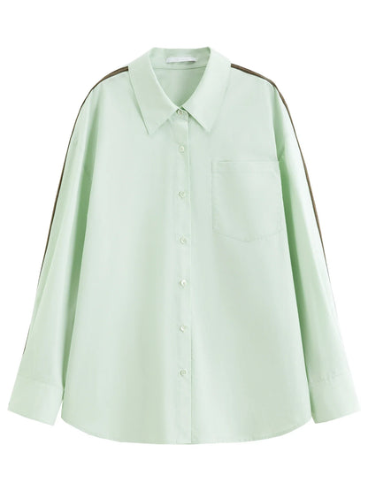 Women's French Loose Fit Cotton Shirt Long Sleeve Layering Top with Web Strap Detail Casual Oversized Blouse