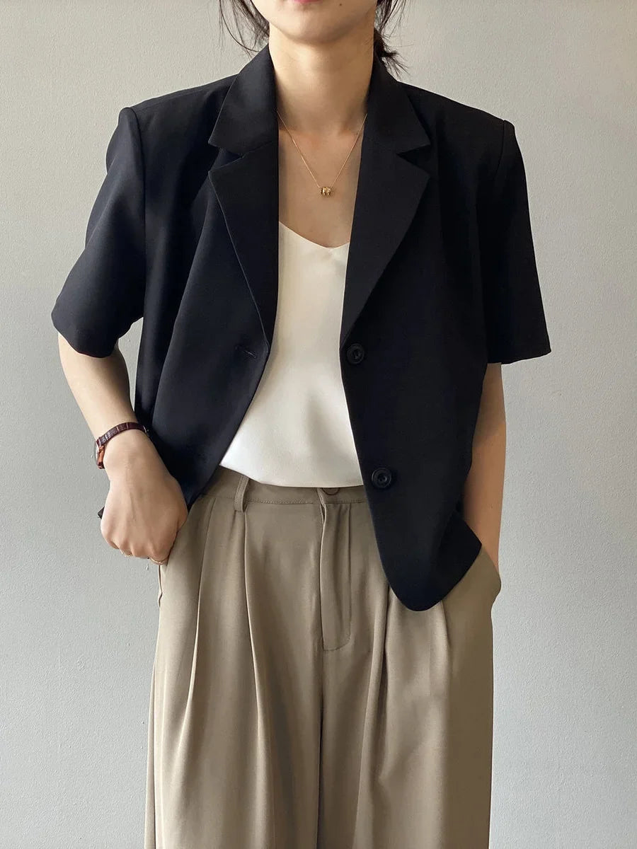 Blazers Women 3 Colors Office Lady New Short Sleeve Pockets Thin Summer Cropped All-match Simple College Quality Soft Streetwear