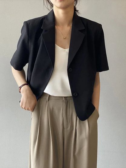 Blazers Women 3 Colors Office Lady New Short Sleeve Pockets Thin Summer Cropped All-match Simple College Quality Soft Streetwear