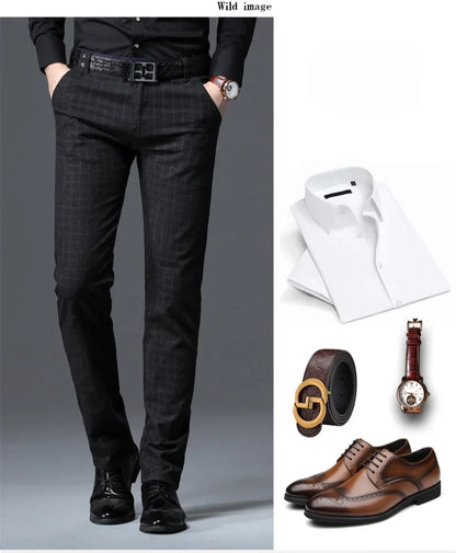 Men's Autumn New Classic Business Suit Pants Black Blue Fashionable Stretch Straight Slim Casual Trousers Brand Clothing Male