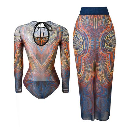 S - XXL Printed Long Sleeve With Sarong One Piece Swimsuit Women Swimwear Female Flowers Padded Bather Bathing Suit Swim V7181
