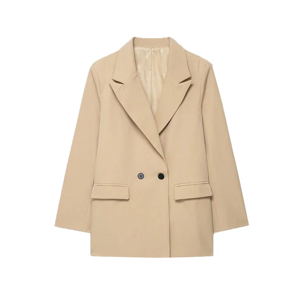 Women's Double-Breasted Solid Color Blazer Coat Long Sleeve Office Wear for Spring Autumn Winter Old Money Style