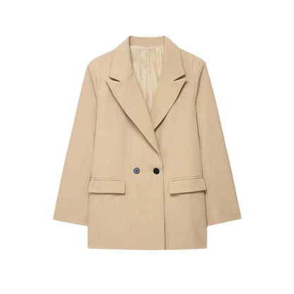 Women's Double-Breasted Solid Color Blazer Coat Long Sleeve Office Wear for Spring Autumn Winter Old Money Style