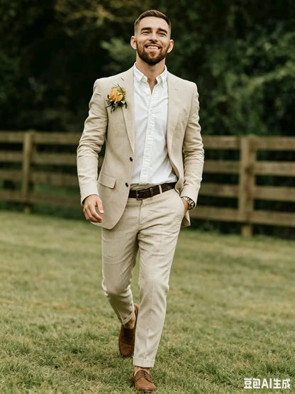 Blue/Beige Linen Wedding Suit for Men 2 Pieces Slim Fit Casual Prom Party Tuxedo Set Summer Men Clothes New Design Suits Outfits
