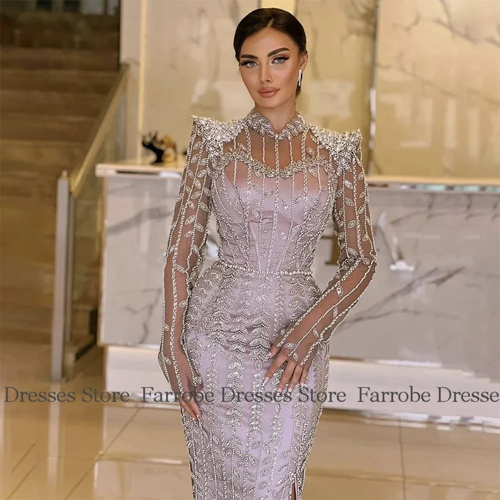 Luxury Dresses for Party Satin Sheath/Column Celebrity Dress Taro Pur High Collar Beads Side Split Evening Dress Long 2025