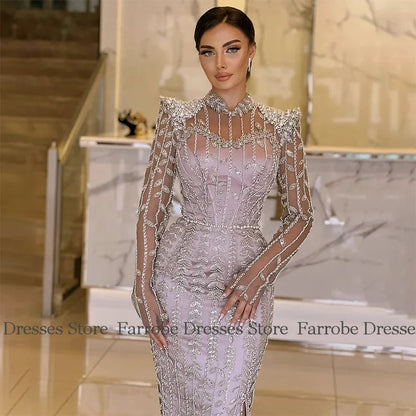 Luxury Dresses for Party Satin Sheath/Column Celebrity Dress Taro Pur High Collar Beads Side Split Evening Dress Long 2025