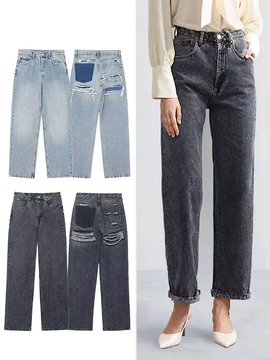 2024 Vintage Denim Jeans For Women 2 Colors High Waist Zipper Fly Ripped Distressed Patchwork Causal Straight Trousers