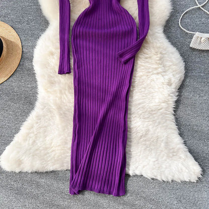 Winter Women Knit Maxi Dress O Neck Autumn Long Sleeve Slim Solid Harajuku Ladies Fashion Pencil Sweater Long Dresses