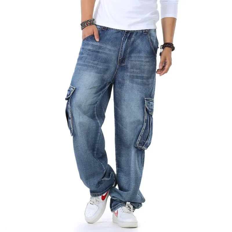 Mens Baggy Jeans Spring and Autumn New Fat Guy Large Size Fashion Multi-pocket Wide Loose Jeans Mens Denim Trousers