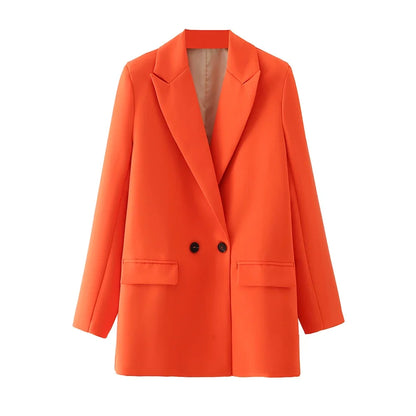 Women Chic Office Lady Double Breasted Blazer Vintage Coat Fashion Notched Collar Long Sleeve Ladies Outerwear Stylish Tops