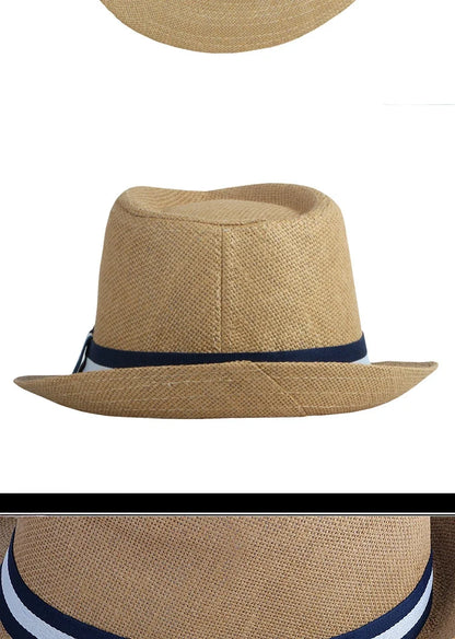 Summer Men's Jazz Hat British Retro Spy Hat Beach Casual Straw Woven Small Top Hat Female Stripe Belt Fedoras Hat Panama Cap