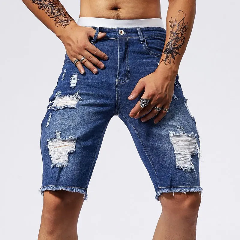 Vintage Denim Shorts Men's American Stretch Slim Jeans Fashion Ripped Streetwear Male Hole Frayed Short Pants Blue Black