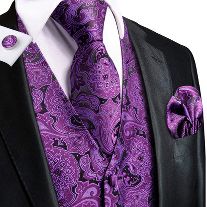 Green Mint Purple Mens Silk Vest Tie Jacquard Autumn Spring Suit Waistcoat Jacket Necktie Hanky Cufflinks for Men Wedding