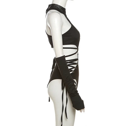 Bandage Hollow Out Sexy Cyber Y2k Bodysuits Gothic Techwear Mesh Patchwork Tops Female Glove Sleeve Mock Neck Bodysuit
