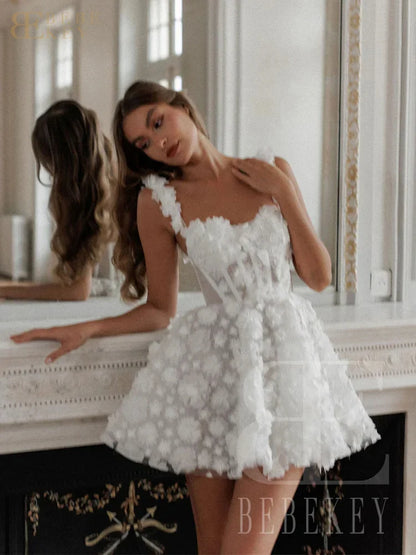 Customized 3D Flower Mini Prom Dresses Short Spaghetti Straps A-line Lace Evening Party Dress Formal Party Gown Robe