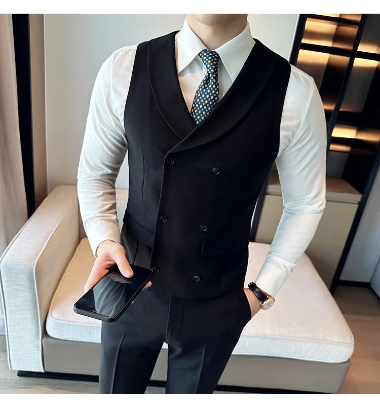 ( Vest + Pants) Men's Double-breasted Suit Vest 2 Pieces Set High Quality Business Casual Fashion Groom Wedding Dress Vest Sets