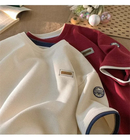 Summer Waffle Short Sleeve T Shirt For Men Vintage Appliques Loose T-shirts Couple Y2K Streetwear Clothes Fake Two-piece Tees
