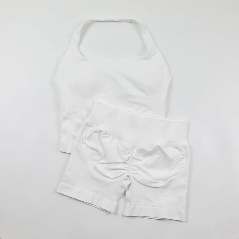 Seamless Yoga Set Womens Backless Halter Tank Top Ribbed Waist Gym Shorts 2 Piece Sets Women Outfit Workout Clothes