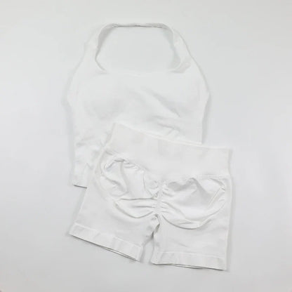 Seamless Yoga Set Womens Backless Halter Tank Top Ribbed Waist Gym Shorts 2 Piece Sets Women Outfit Workout Clothes