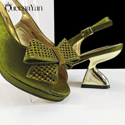 2025 New Rhinestone Design African Shoes & Bag Set in Olive  Open Toe Comfortable Women's High Heels Hot Sale on Instagram
