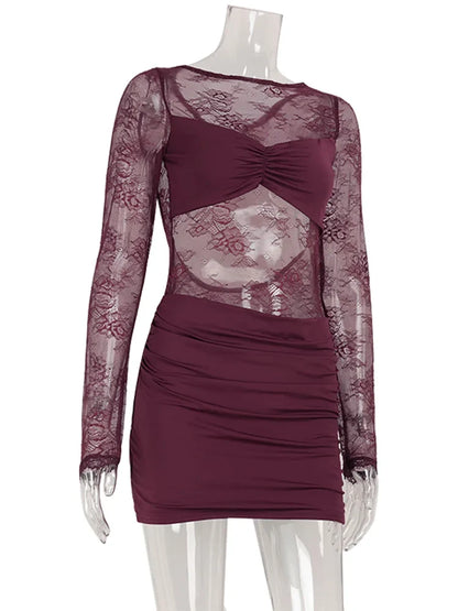 Lace Patchwork Backless O Neck Women Dresses Fashion Sheer Long Sleeve Sheath Outfits Hollow Out Female Hip Wrap Bodycon