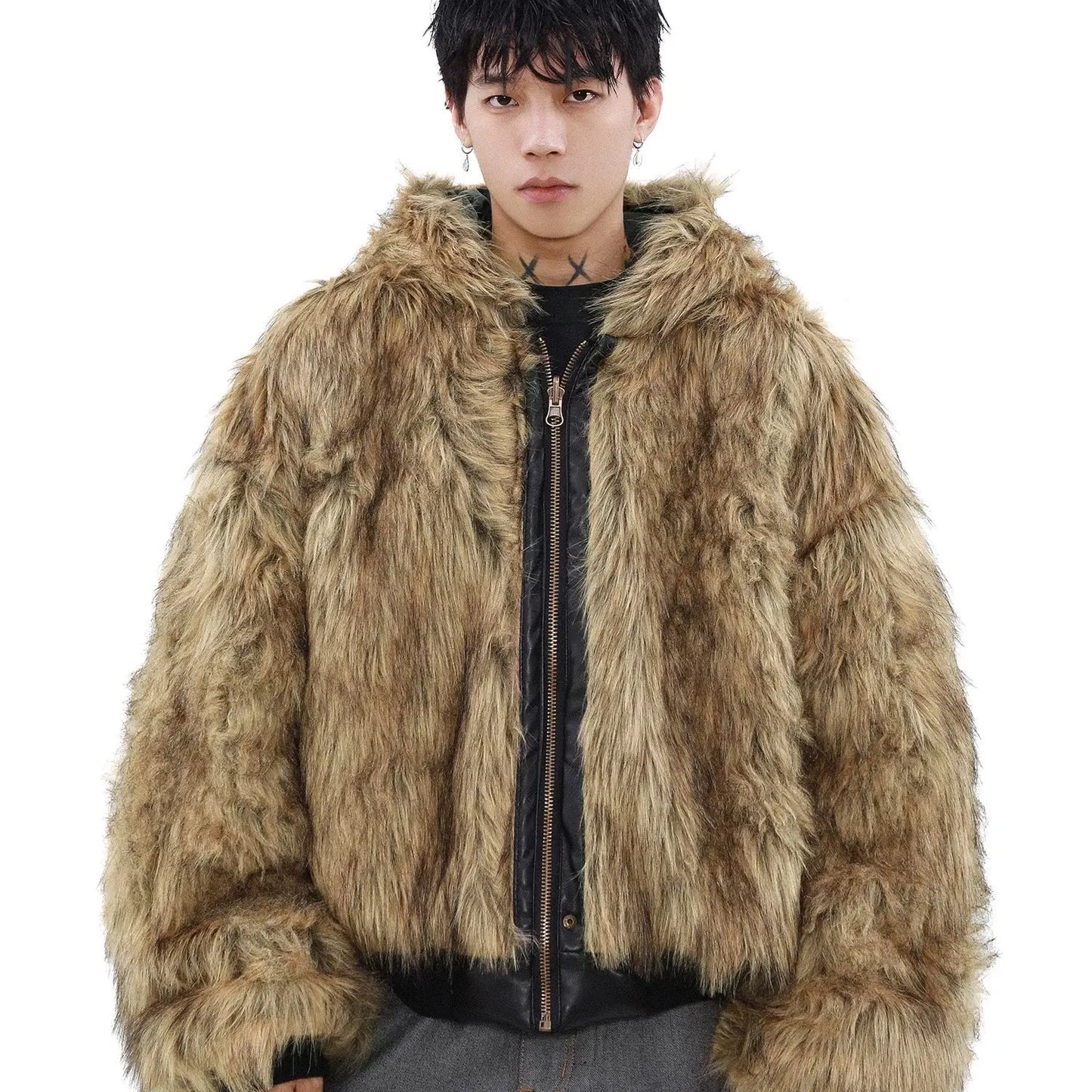Luxury Vintage Short American Faux Fur Coat New Reversible Wear Hooded Warm Pu Leather Jacket Winter Thick Chic Outerwear New