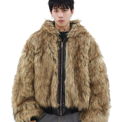 Luxury Vintage Short American Faux Fur Coat New Reversible Wear Hooded Warm Pu Leather Jacket Winter Thick Chic Outerwear New