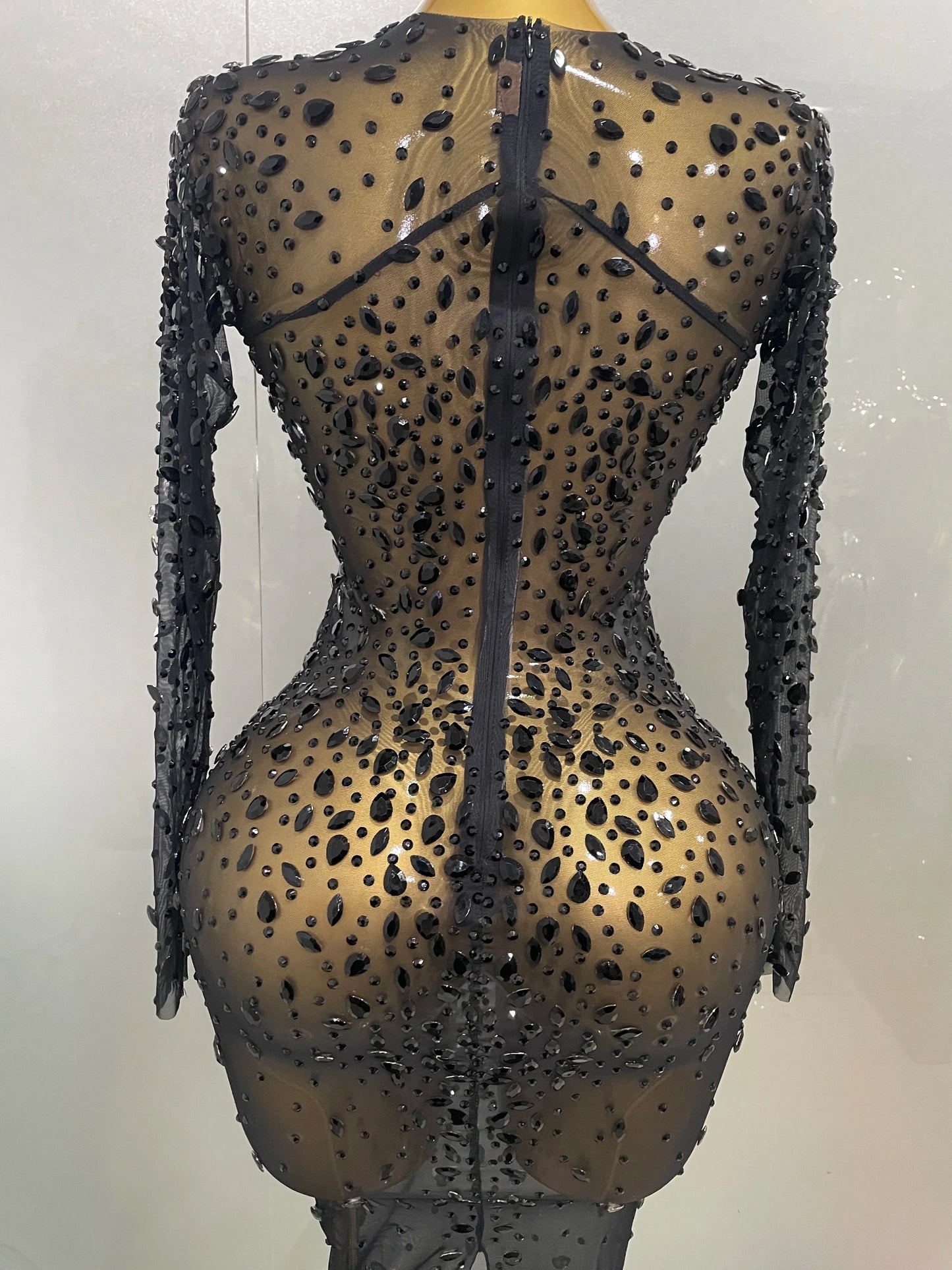Sexy Shinny Rhinestone Stretch Mesh Transparent Long Dress 2025New Women Evening Birthday Party Prom Nightclub Singer Stage Wear