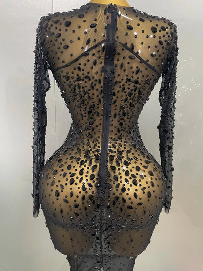 Sexy Shinny Rhinestone Stretch Mesh Transparent Long Dress 2025New Women Evening Birthday Party Prom Nightclub Singer Stage Wear