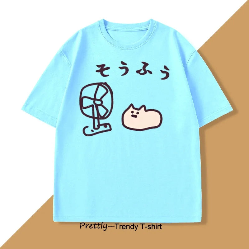 Cool Japanese Style Fan Cat T-shirt Men Women Funny Cotton Short Sleeve Tshirt Graphic T Shirts Summer Streetwear Pritned Tees
