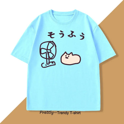 Cool Japanese Style Fan Cat T-shirt Men Women Funny Cotton Short Sleeve Tshirt Graphic T Shirts Summer Streetwear Pritned Tees