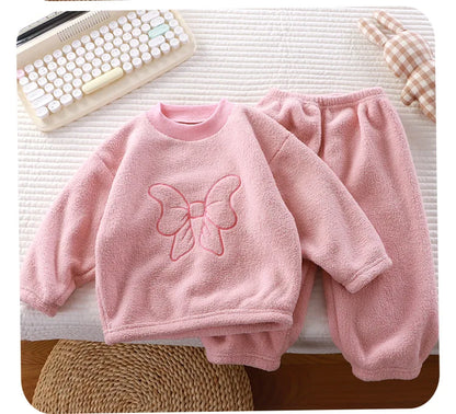 Winter Warm Kids Loungewear Suit Baby and Girls Boys Loose Embroidery Full Fleece Coat Tops+Pant Set Child 2PCS Homewear 1-8 Yrs