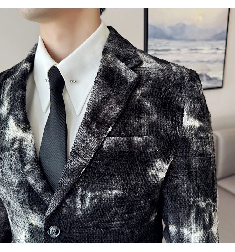 High QualityTie Dye Chenille Men Fashion Casual Suit Jacket Autumn Winter New Korean Slim Fit Social Wedding Suit Blazer