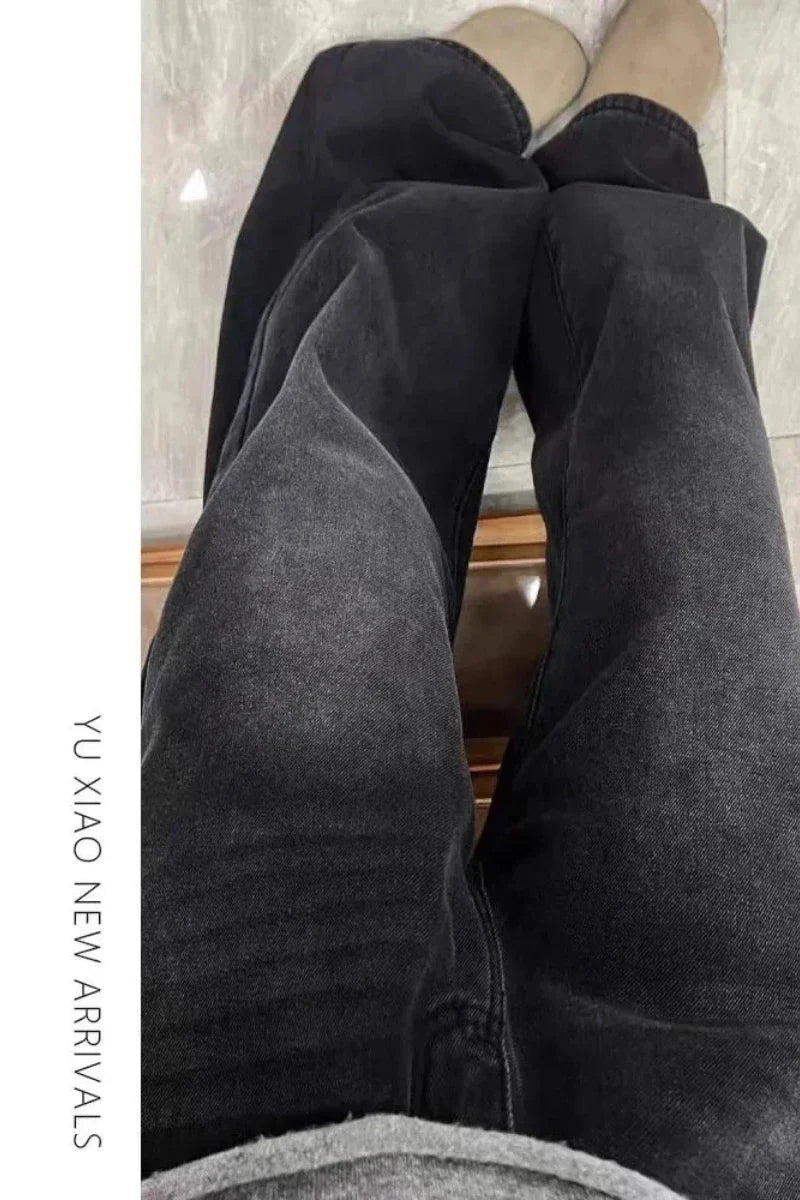 Womens Jeans Y2k Jeans Flared Trousers Black Gray Straight Leg Winter Warm Fleece Lined Loose Fit High Waist Wide Leg Fashion