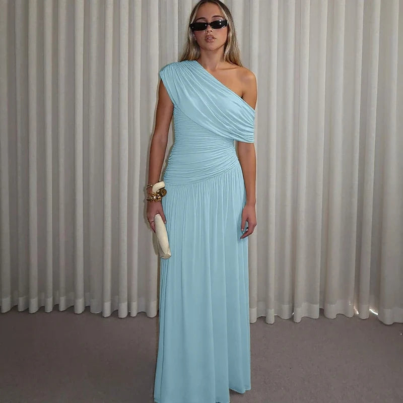 One Shoulder Ruched Sleeveless Solid Pleated Sexy Irregular Y2K Maxi Dress Summer Elegant Party Women Clothes Vacation