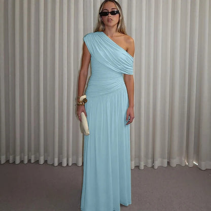 One Shoulder Ruched Sleeveless Solid Pleated Sexy Irregular Y2K Maxi Dress Summer Elegant Party Women Clothes Vacation