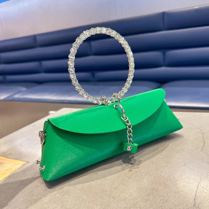 Clutch Bag Luxury Designer Handbag for Women 2025 with Chain Metal Ring Handle PU Leather Rhinestones Purses Shoulder Bag