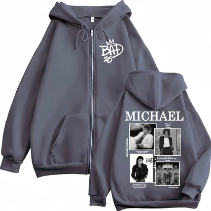 King of Pop Michael Jackson Bad Era World Tour Zipper Sweatshirts Men Women Fashion Zip Up Hoodies Vintage Hip Hop Jacket Hooded