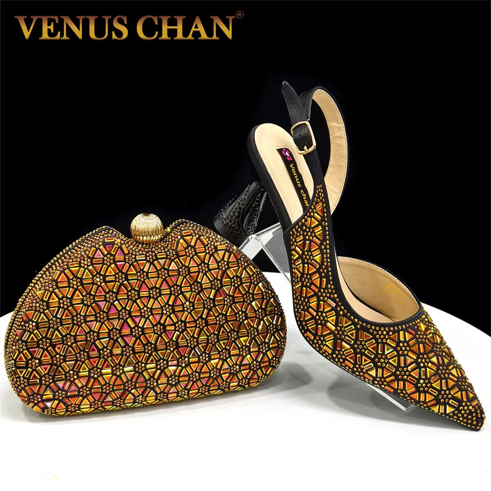 Elegant Black and Gold Pointed-Toe Italian Women's High-Heeled Shoe and Bag Set with Full Diamond Accents – Perfect for Party