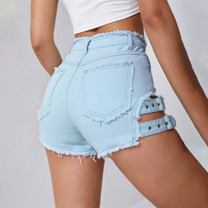 2026 Summer Hot High Waisted Street Style Girls' Ripped Denim Shorts with Rough Edges