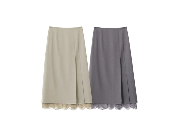 Minimalism Skirts for Woman 2025 Spring New Elegant Patchwork Lace Women's Clothing Retro Lady A-Line Pleated Skirt12443013