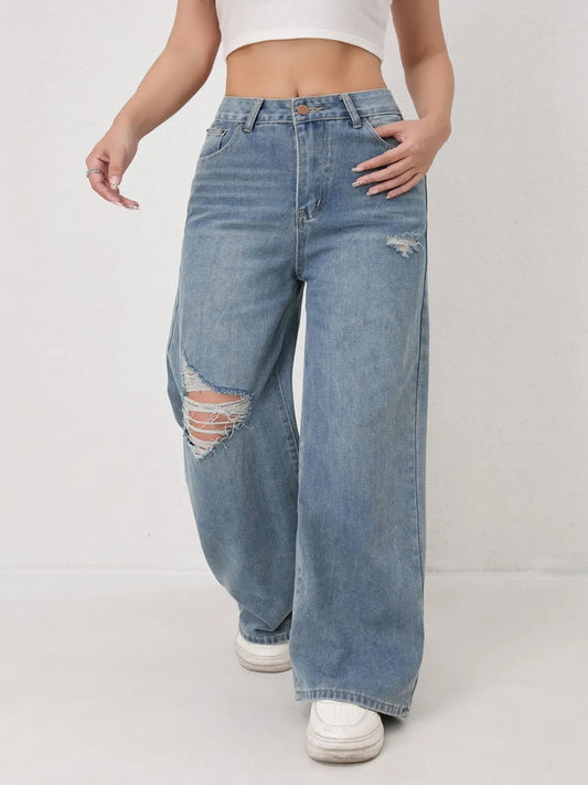 European and N Style Loose Leg Straight-leg Jeans with Holes Women Comfortable Fashion All-matching Trend Jeans