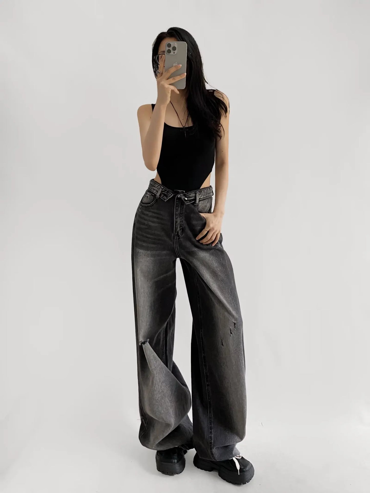 American Retro Cuffed High Waist Slimming Casual Denim Jeans Women's Autumn Versatile Loose Straight Leg Floor-Length Pants