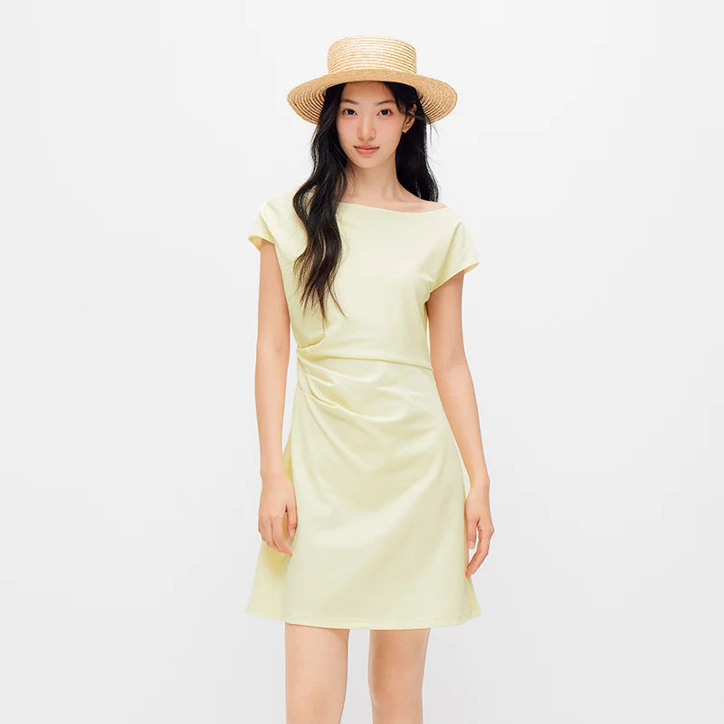 Women Dress One Shoulder Oblique Neck Waist Pleated Solid Cool Feeling Mini 2026 Summer Minimalist Temperament Fashion Top