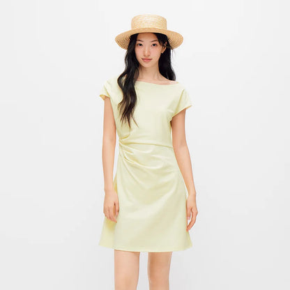 Women Dress One Shoulder Oblique Neck Waist Pleated Solid Cool Feeling Mini 2026 Summer Minimalist Temperament Fashion Top