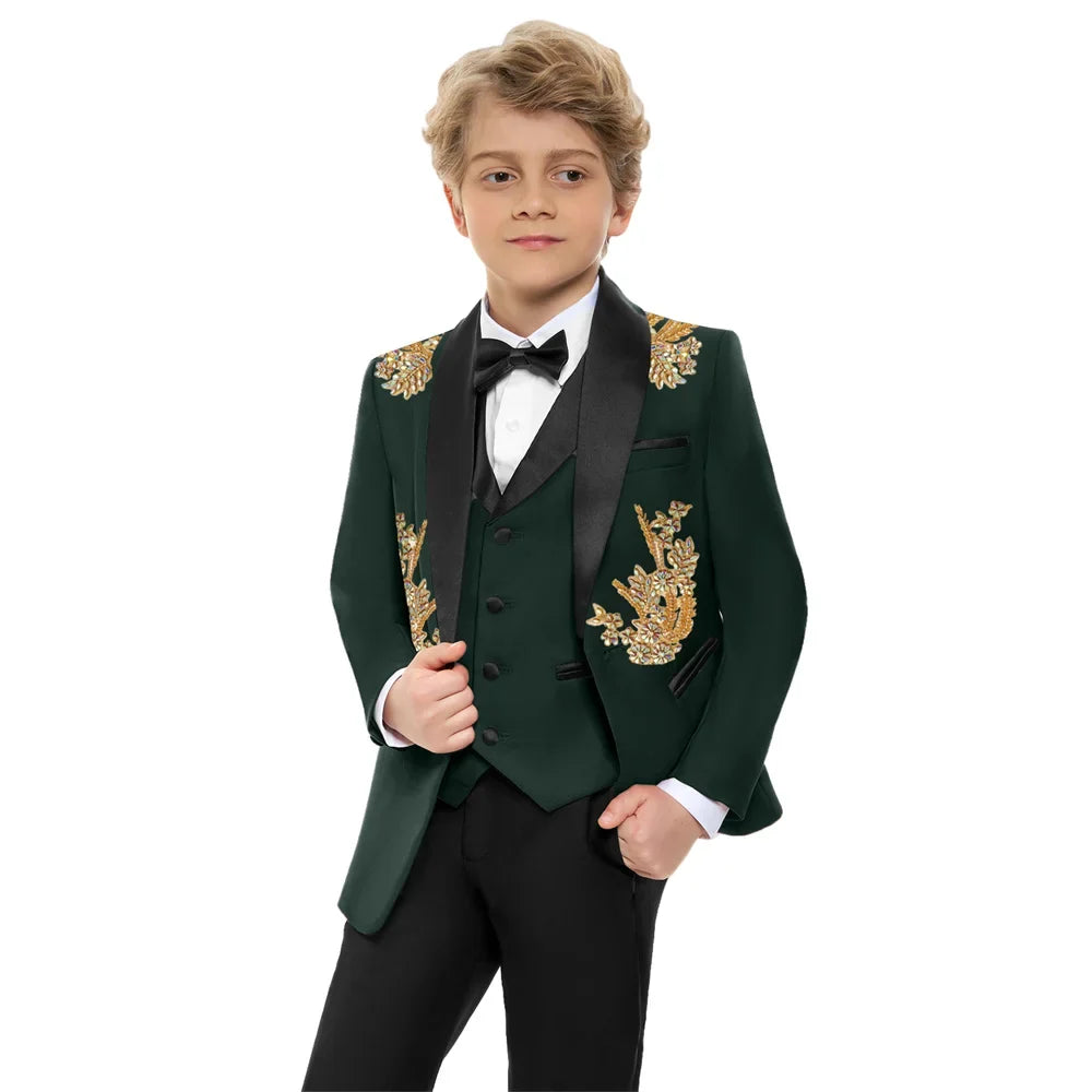 Stunning Luxurious Beaded Kids Suits Set 4 Pieces Handsome Dark Green Children's Tuxedo Party Wear Easter Boys Blazer In Stocks